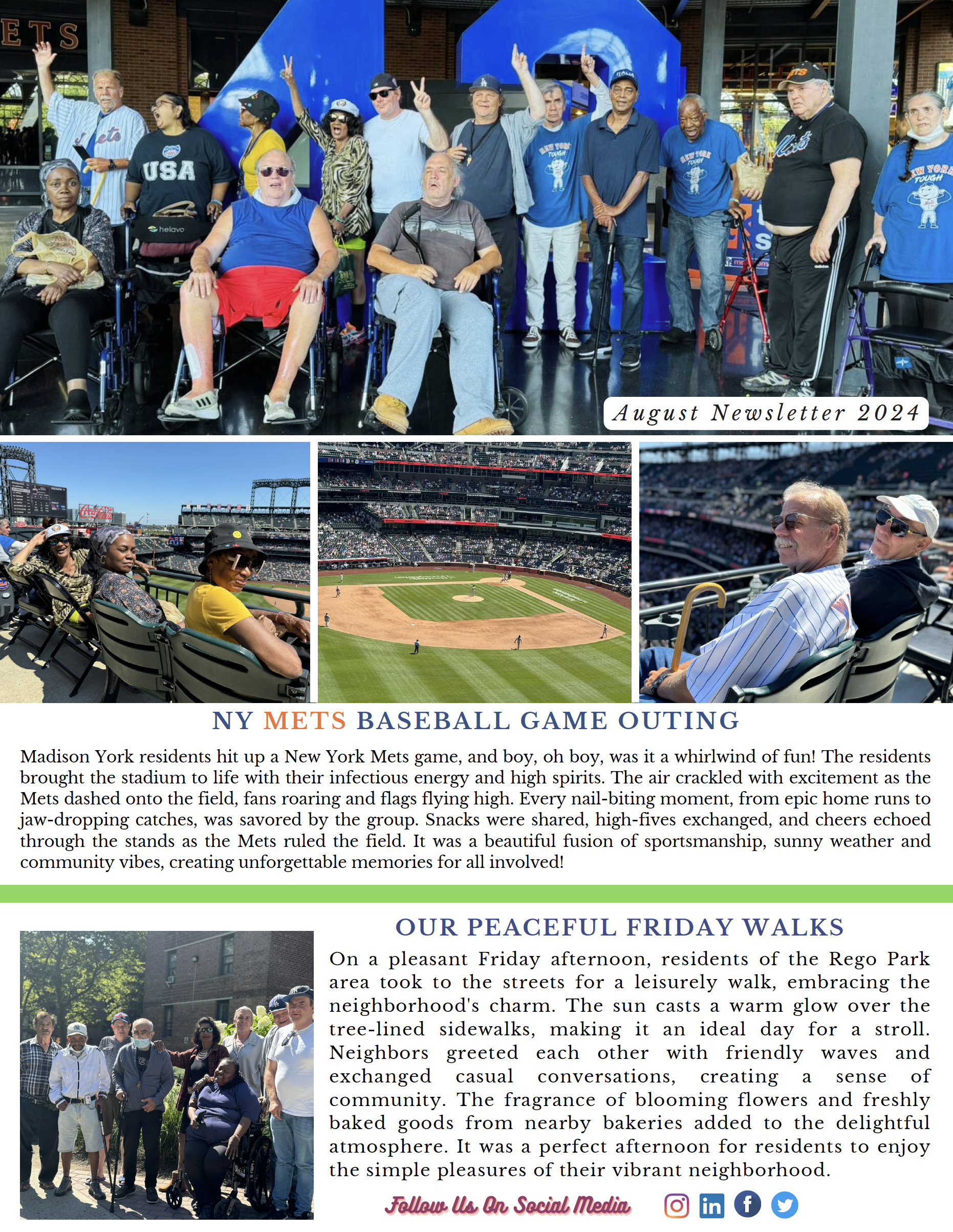 August 2024 newsletter featuring a Mets game outing and Friday neighborhood walks